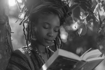 Reader reading outdoors beneath the trees